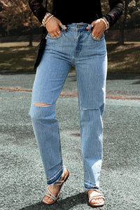 Light Blue Distressed Slit Leg Raw Edge Straight Jeans | Bottoms/Jeans