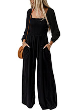 Load image into Gallery viewer, Black Smocked Square Neck Long Sleeve Wide Leg Jumpsuit | Bottoms/Jumpsuits &amp; Rompers
