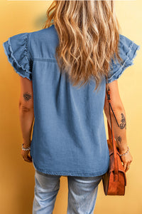 Denim Top | Raw Hem Button Up Cap Sleeve Blouse