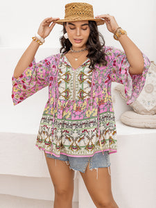 Tie Neck Bohemian Blouse | Plus Size Three-Quarter Sleeve Top