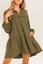 Load image into Gallery viewer, Puff Sleeve Dress | Green Frayed Trim Flared Dress
