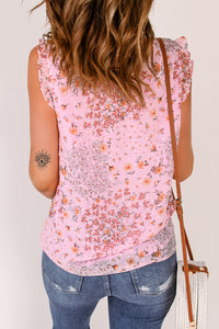 Pink Floral Print Drawstring Frill Trim Sleeveless Top | Tops/Tank Tops