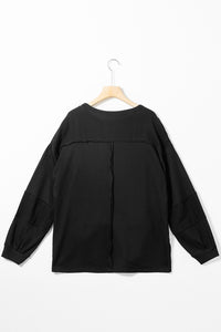 Black Exposed Seam Patchwork Bubble Sleeve Waffle Knit Top | Tops/Long Sleeve Tops