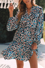 Load image into Gallery viewer, Bubble Sleeve Dress | Blue Leopard Print Ruffled Shirt Dress
