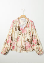 Load image into Gallery viewer, Beige Floral Print Lantern Sleeve V-Neck Blouse | Tops/Blouses &amp; Shirts
