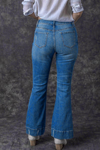 Sky Blue Slight Distressed Medium Wash Flare Jeans | Bottoms/Jeans