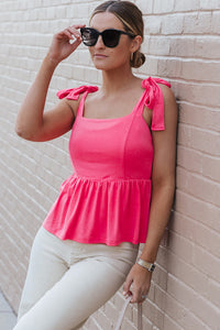 Pink Knotted Straps Peplum Tank Top | Tops/Tank Tops