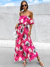 Load image into Gallery viewer, Off Shoulder Midi Dress | Pleated Floral Short Sleeve Dress
