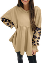 Load image into Gallery viewer, Khaki Leopard Splicing Sleeve Ruffle Loose Sweatshirt | Tops/Sweatshirts &amp; Hoodies
