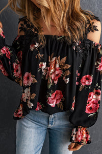 Black Floral Print Lace Patchwork Loose Cold Shoulder Blouse | Tops/Blouses & Shirts