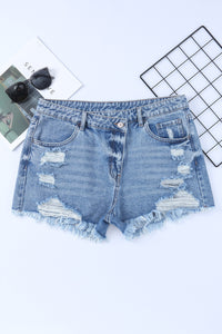 Sky Blue High Rise Crossover Waist Denim Shorts | Bottoms/Denim Shorts