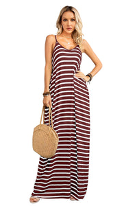 Maxi Dress | Red Stripe Side Pockets Spaghetti Straps Dress