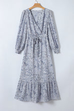 Load image into Gallery viewer, Sky Blue Printed Surplice Neck Bubble Sleeve Maxi Dress with Sash | Dresses/Maxi Dresses
