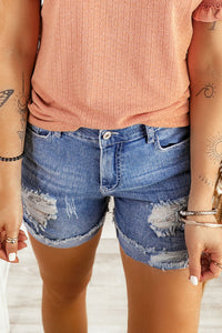 Distressed Ripped Rolled Hem Blue Denim Shorts | Bottoms/Denim Shorts