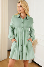 Load image into Gallery viewer, Puff Sleeve Dress | Green Patchwork Crinkle Shirt Dress
