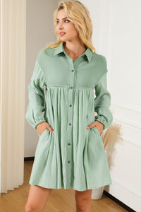 Puff Sleeve Dress | Green Patchwork Crinkle Shirt Dress