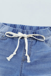 Sky Blue Drawstring Elastic Waist Hole Ripped Jeans | Bottoms/Jeans