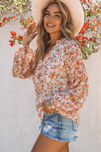 Load image into Gallery viewer, Orange Floral Print V Neck Long Puff Sleeve Top | Tops/Blouses &amp; Shirts
