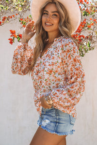 Orange Floral Print V Neck Long Puff Sleeve Top | Tops/Blouses & Shirts