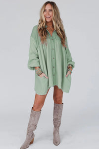 Puff Sleeve Dress | Green Patchwork Crinkle Shirt Dress