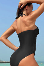 Load image into Gallery viewer, Black Halter Mesh Insert Cross Front One-Piece Swimsuit | Swimwear/One Piece Swimsuit
