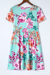 Sky Blue Short Sleeve High Waist Floral T-shirt Dress | Dresses/T Shirt Dresses