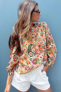 Puff Sleeve Shirt | Multicolor Floral Print Lace Splicing Button up