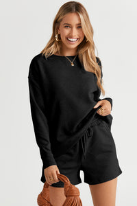 Drawstring Shorts Set | Black Textured Long Sleeve Top Shorts