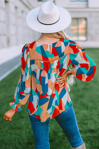 Multicolor Abstract Pattern Crewneck Ruffled Puff Sleeve Blouse | Tops/Blouses & Shirts