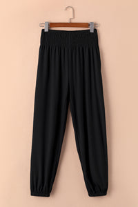 Black Smocked High Waist Joggers | Bottoms/Pants & Culotte
