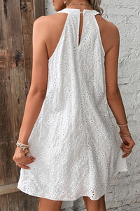 White Boho Eyelet Pattern Halter Neck Sleeveless Dress | Dresses/Mini Dresses