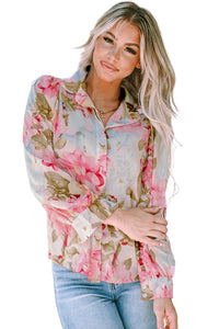 Pink All Floral Puff Sleeve Collared Shirt | Tops/Blouses & Shirts