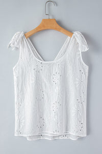 V Neck Tank Top | White Embroidery Patterned Knotted Straps