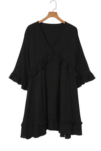 Black Ruffled 3/4 Sleeve V Neck Babydoll Mini Dress | Dresses/Mini Dresses