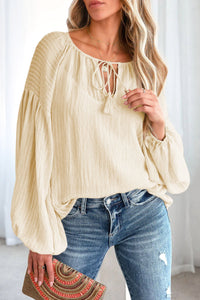 Drawstring Blouse | Apricot Lantern Sleeve Stripe Tassel