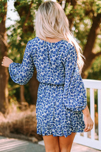 Blue Sky Blue/Blue/Apricot V Neck Lantern Sleeves Floral Tunic Dress | Dresses/Floral Dresses