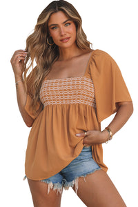 Brown Square Neck Wide Sleeves Flowy Top | Tops/Blouses & Shirts