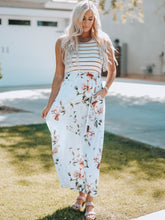 Load image into Gallery viewer, White Striped Floral Print Sleeveless Maxi Dress with Pocket
