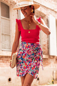 Mini Skirt | Red Floral Wrapped Lace up Skirt