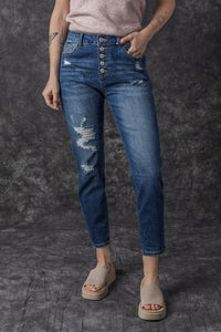 Blue Distressed Button Fly High Waist Skinny Jeans | Bottoms/Jeans