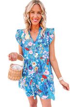 Load image into Gallery viewer, V Neck Ruffled Dress | Sky Blue Floral Flutter Sleeve Dress
