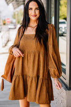 Load image into Gallery viewer, Chestnut Square Neck Puff Sleeve Tiered Corduroy Mini Dress
