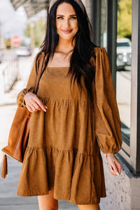 Chestnut Square Neck Puff Sleeve Tiered Corduroy Mini Dress