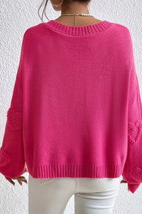 Rose Red Fuzzy Hearts V Neck Sweater