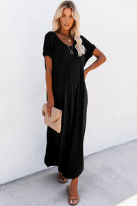 Black V Neck Hidden Pocket Splits Maxi T-shirt Dress | Dresses/T Shirt Dresses