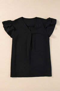 Ruffle Sleeve Top | Black V Neck Short Sleeve Blouse