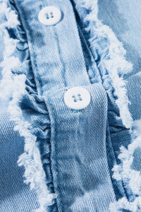 Beau Blue Button Front Ruffled Flutter Frayed Denim Top | Tops/Tops & Tees