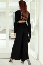 Load image into Gallery viewer, Black Cutout Back Belted V Neck Wide Leg Jumpsuit | Bottoms/Jumpsuits &amp; Rompers
