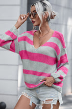 Load image into Gallery viewer, Rose Striped Colorblock Knit V Neck Loose Fit Sweater | Tops/Sweaters &amp; Cardigans
