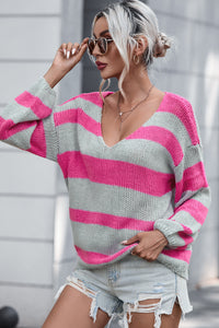 Rose Striped Colorblock Knit V Neck Loose Fit Sweater | Tops/Sweaters & Cardigans